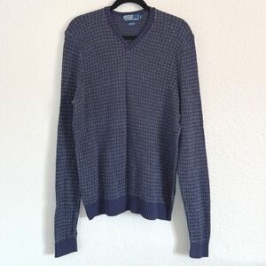 Polo Ralph Lauren Mens Large Blue Houndstooth Silk‎ Blend Sweater Old Money Prep